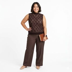 14. Professional Dark Brown Women's Trousers, Lace Sleeveless Moc Neck & jewelry